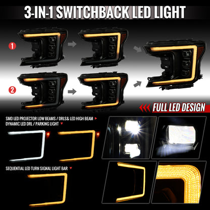 2018-2020 Ford F-150 Full LED Projector Headlights w/ Switchback LED Sequential Turn Signals DRL (Black Housing / Smoked Lens)