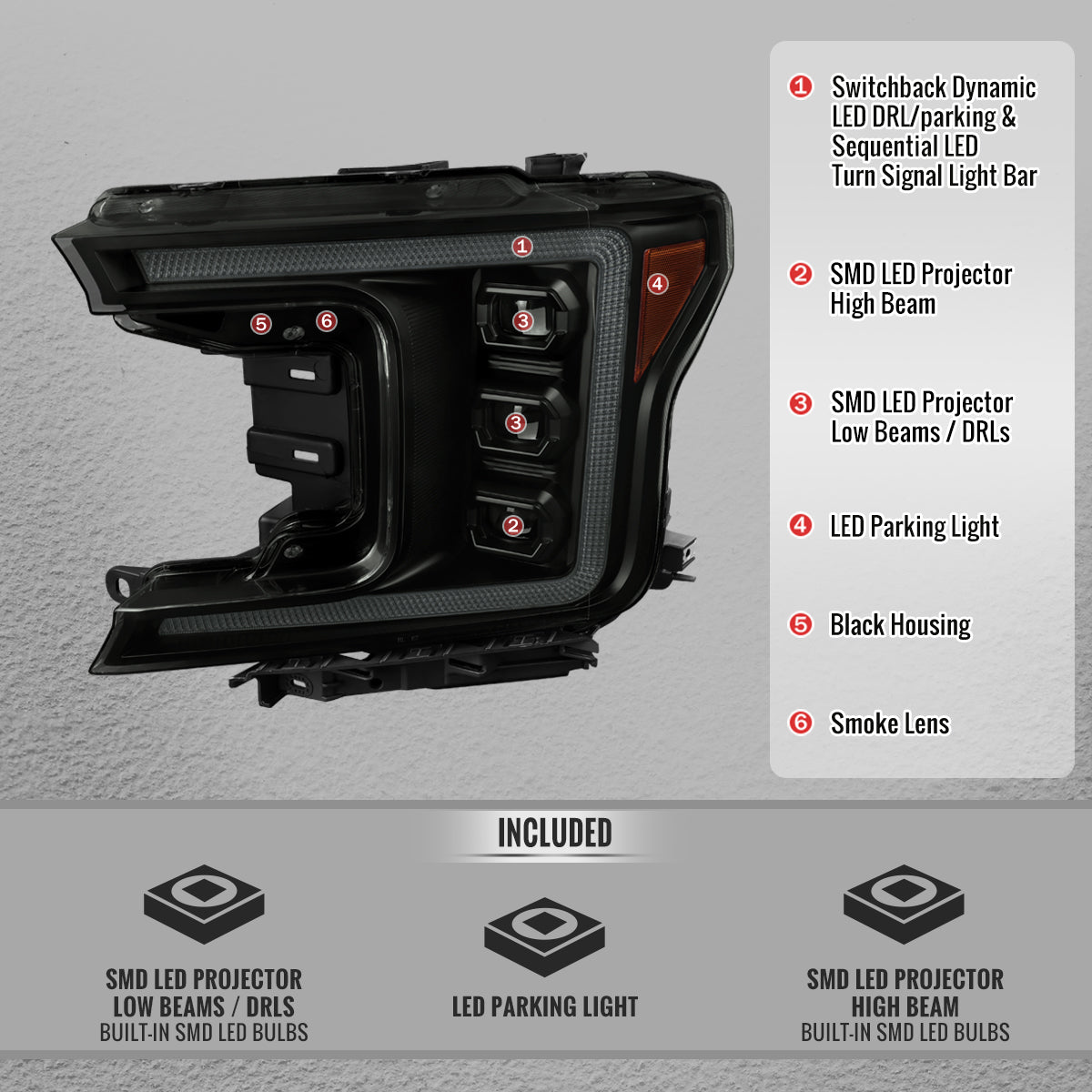 2018-2020 Ford F-150 Full LED Projector Headlights w/ Switchback LED Sequential Turn Signals DRL (Black Housing / Smoked Lens)