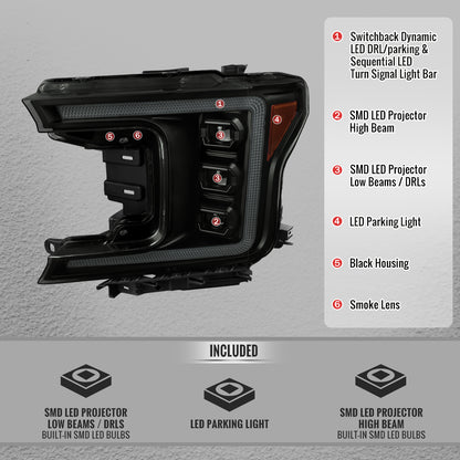 2018-2020 Ford F-150 Full LED Projector Headlights w/ Switchback LED Sequential Turn Signals DRL (Black Housing / Smoked Lens)