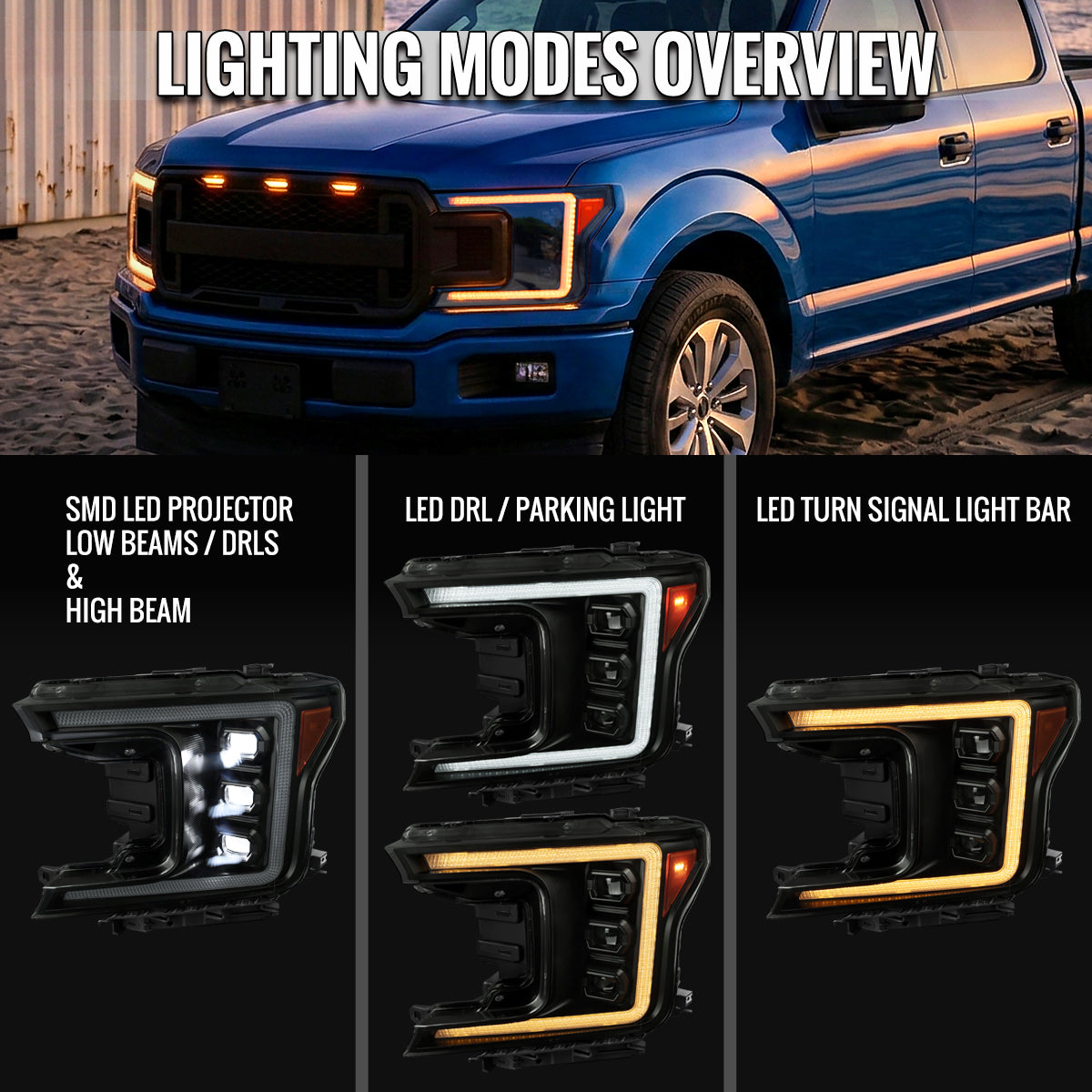2018-2020 Ford F-150 Full LED Projector Headlights w/ Switchback LED Sequential Turn Signals DRL (Black Housing / Smoked Lens)