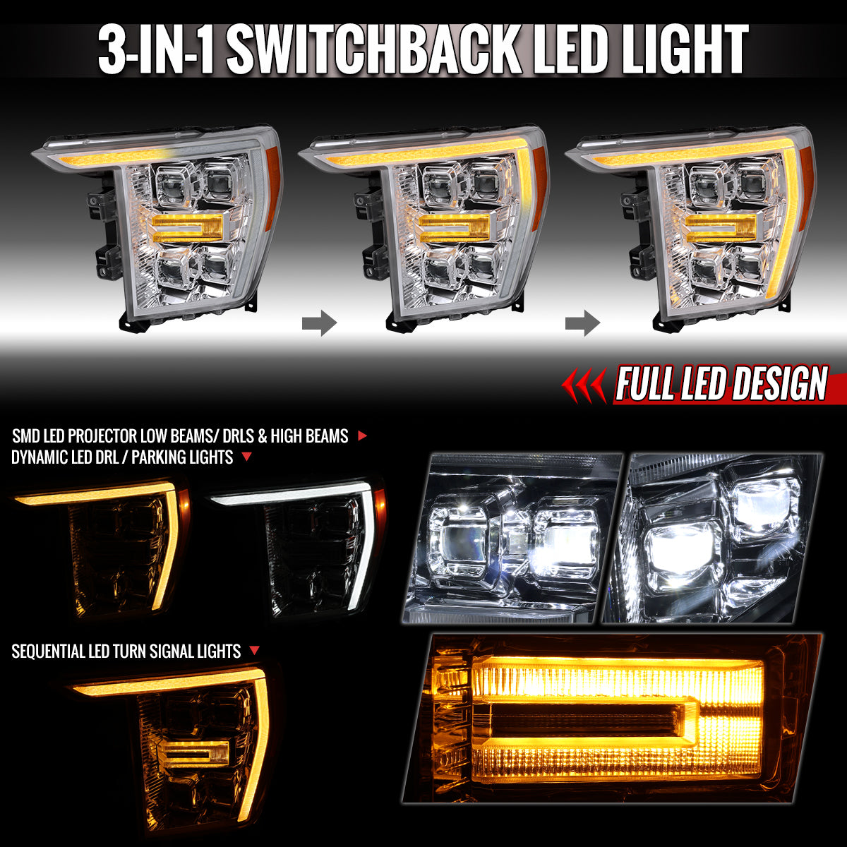 2021-2023 Ford F-150 Full LED Projector Headlights w/ Switchback LED Sequential Turn Signals DRL Parking Light Strip (Chrome Housing / Clear Lens)  - Fits Models w/ Factory Halogen Headlights