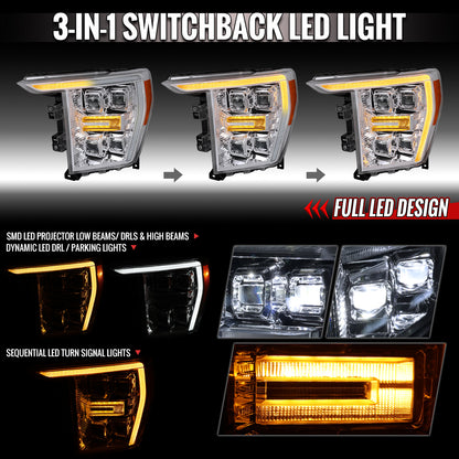 2021-2023 Ford F-150 Full LED Projector Headlights w/ Switchback LED Sequential Turn Signals DRL Parking Light Strip (Chrome Housing / Clear Lens)  - Fits Models w/ Factory Halogen Headlights