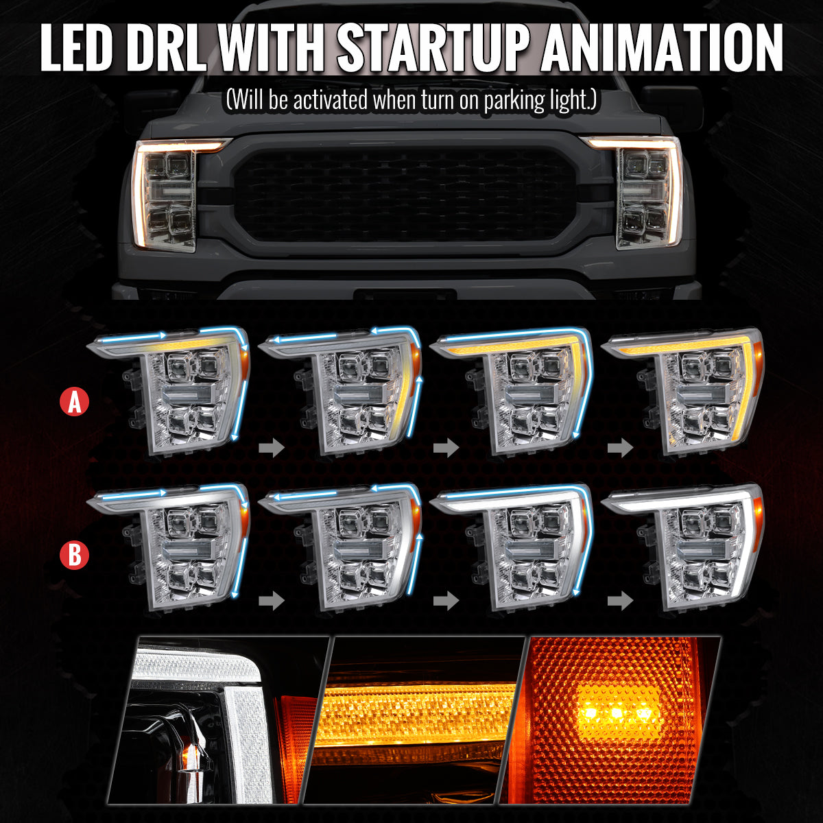 2021-2023 Ford F-150 Full LED Projector Headlights w/ Switchback LED Sequential Turn Signals DRL Parking Light Strip (Chrome Housing / Clear Lens)  - Fits Models w/ Factory Halogen Headlights