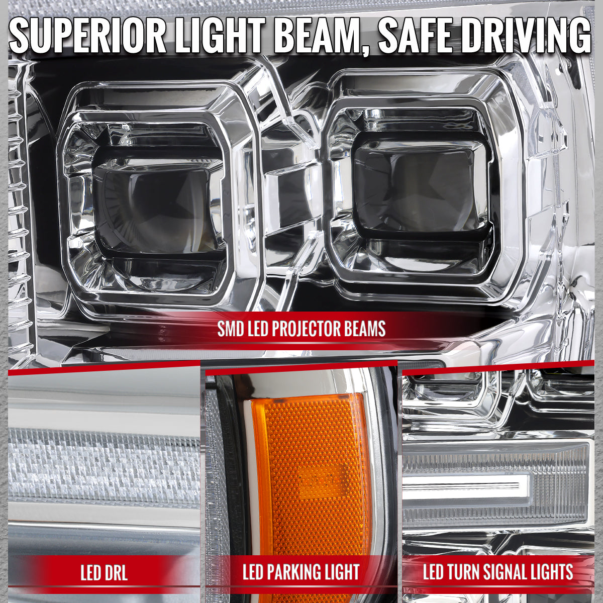 2021-2023 Ford F-150 Full LED Projector Headlights w/ Switchback LED Sequential Turn Signals DRL Parking Light Strip (Chrome Housing / Clear Lens)  - Fits Models w/ Factory Halogen Headlights