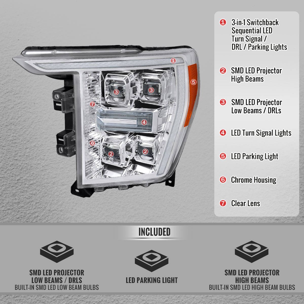 2021-2023 Ford F-150 Full LED Projector Headlights w/ Switchback LED Sequential Turn Signals DRL Parking Light Strip (Chrome Housing / Clear Lens)  - Fits Models w/ Factory Halogen Headlights