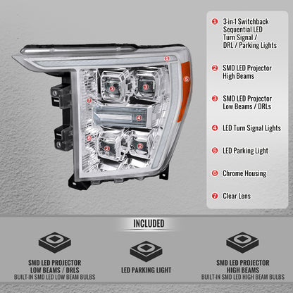 2021-2023 Ford F-150 Full LED Projector Headlights w/ Switchback LED Sequential Turn Signals DRL Parking Light Strip (Chrome Housing / Clear Lens)  - Fits Models w/ Factory Halogen Headlights
