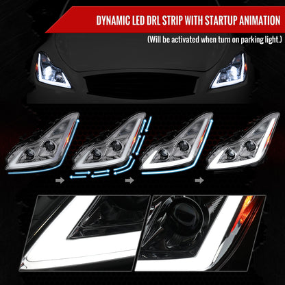 2008-2013 Infiniti G37/2014-2015 Q60 Coupe/Convertible Sequential Switchback LED Turn Signal Full LED Projector Headlights (Chrome Housing / Clear Lens)