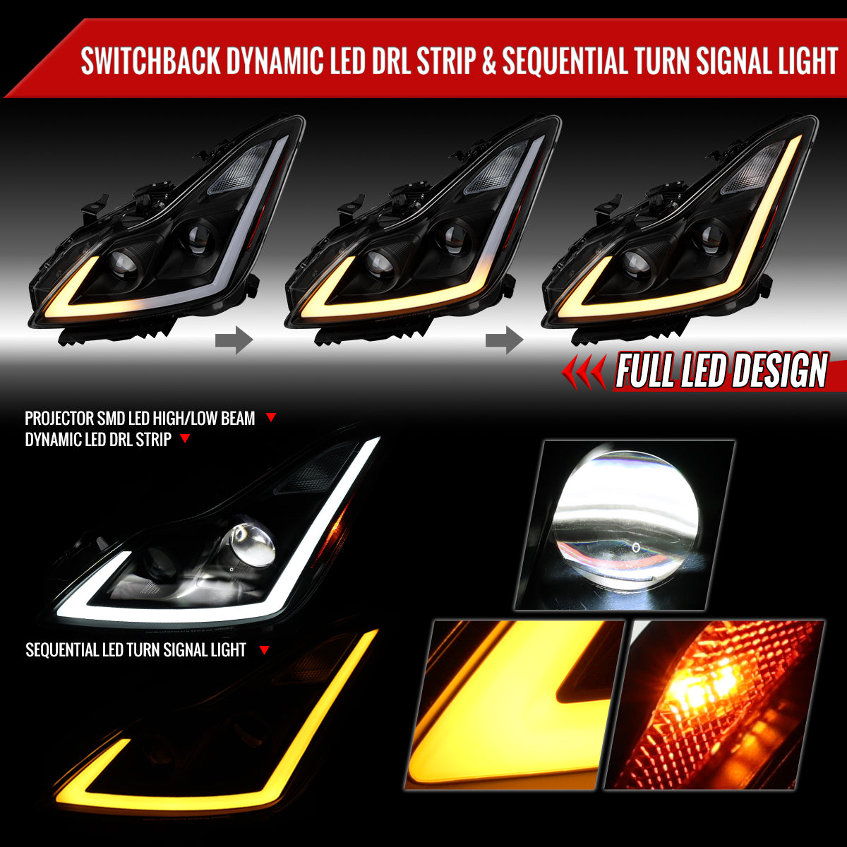 2008-2013 Infiniti G37/2014-2015 Q60 Coupe/Convertible Sequential Switchback LED Turn Signal Full LED Projector Headlights (Matte Black Housing / Clear Lens)