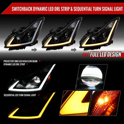 2008-2013 Infiniti G37/2014-2015 Q60 Coupe/Convertible Sequential Switchback LED Turn Signal Full LED Projector Headlights (Matte Black Housing / Clear Lens)