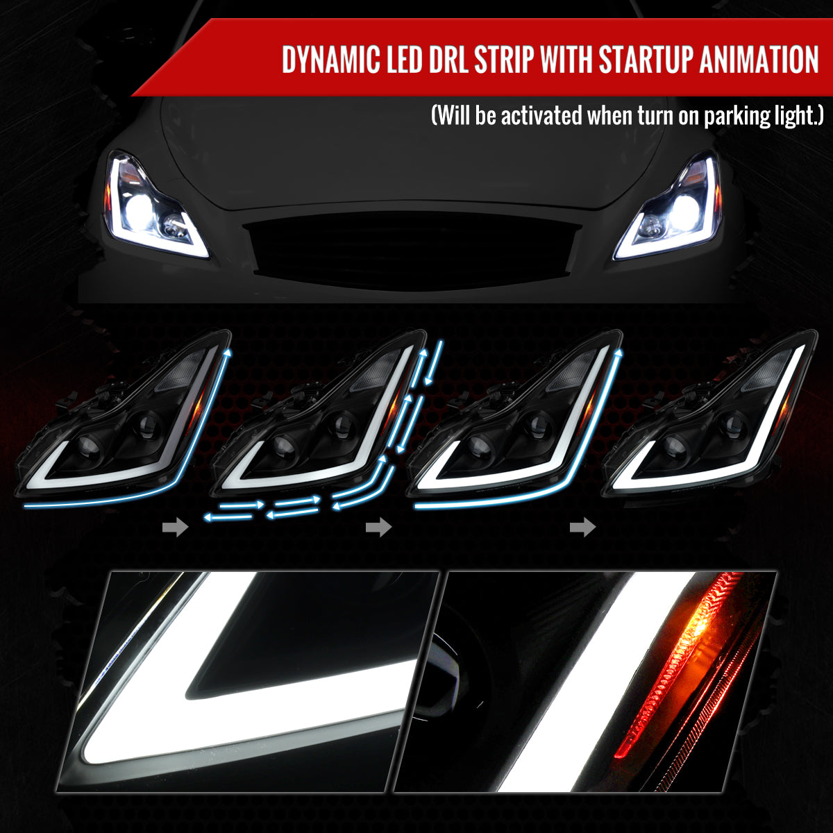 2008-2013 Infiniti G37/2014-2015 Q60 Coupe/Convertible Sequential Switchback LED Turn Signal Full LED Projector Headlights (Matte Black Housing / Clear Lens)