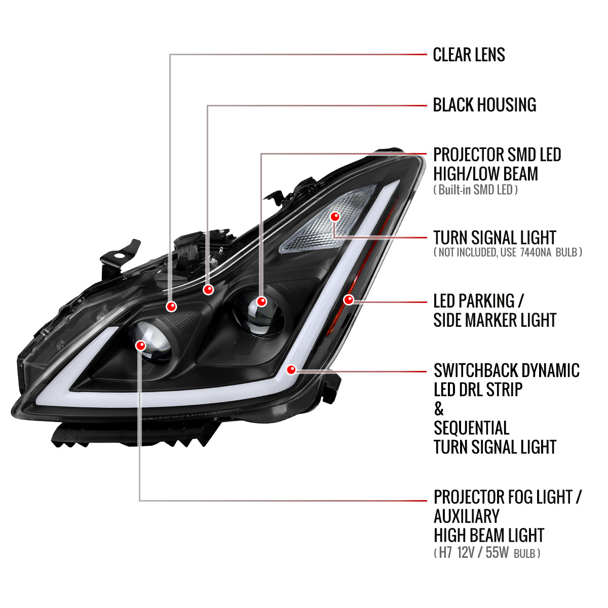 2008-2013 Infiniti G37/2014-2015 Q60 Coupe/Convertible Sequential Switchback LED Turn Signal Full LED Projector Headlights (Matte Black Housing / Clear Lens)