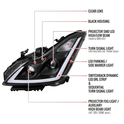 2008-2013 Infiniti G37/2014-2015 Q60 Coupe/Convertible Sequential Switchback LED Turn Signal Full LED Projector Headlights (Matte Black Housing / Clear Lens)