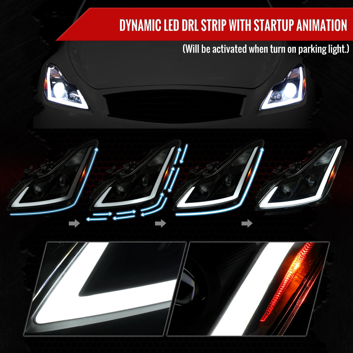 2008-2013 Infiniti G37/2014-2015 Q60 Coupe/Convertible Sequential Switchback LED Turn Signal Full LED Projector Headlights (Matte Black Housing / Smoked Lens)