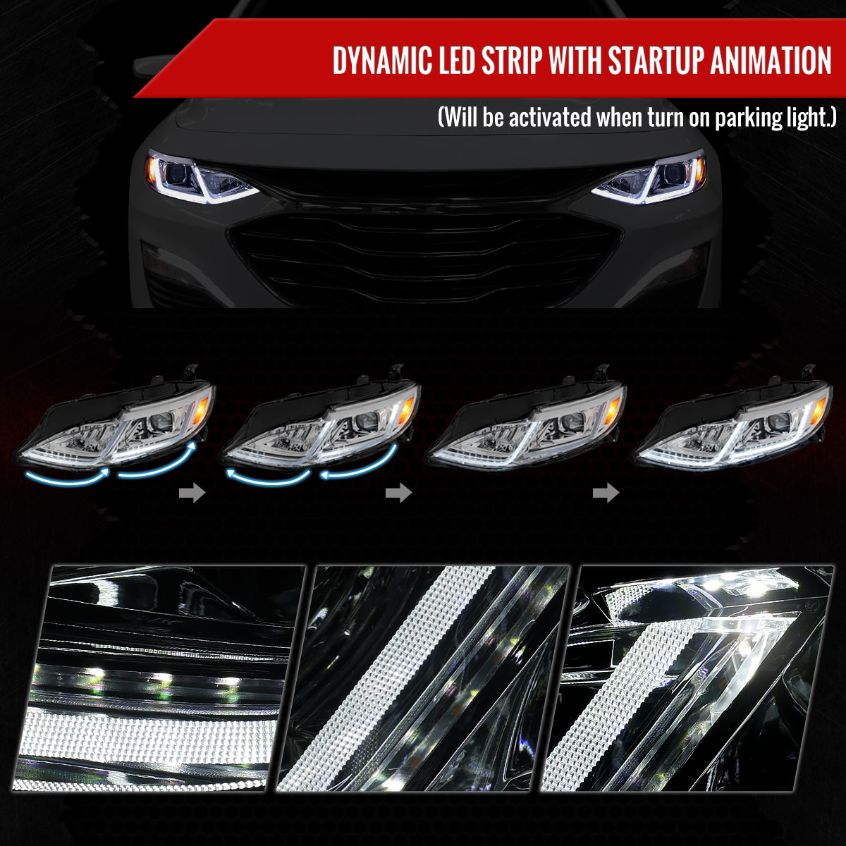 2019-2024 Chevrolet Malibu Full LED Projector Headlights Switchback Sequential Turn Signal (Chrome Housing/Clear Lens)
