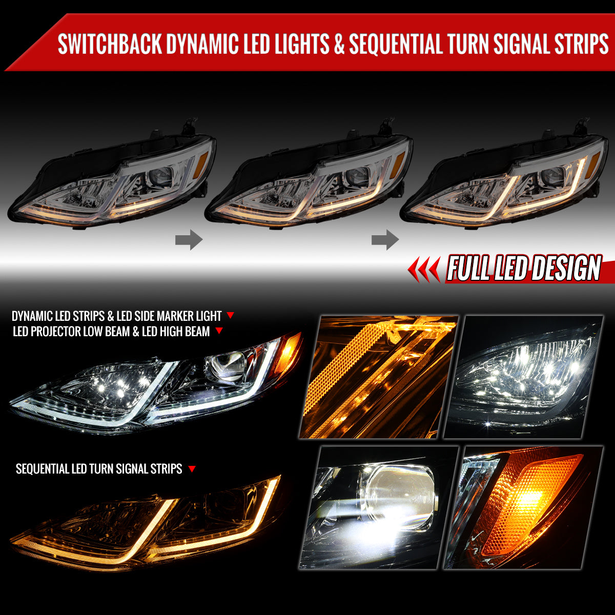 2019-2024 Chevrolet Malibu Full LED Projector Headlights Switchback Sequential Turn Signal (Chrome Housing/Clear Lens)