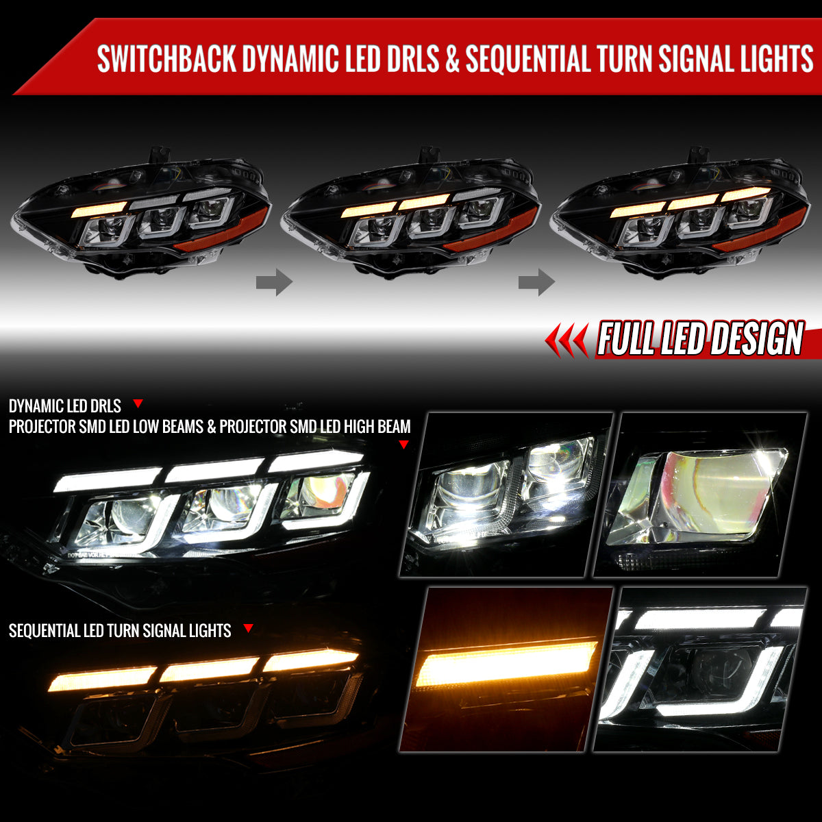 2018â€“2023 Ford Mustang Full LED Projector Headlights Switchback Sequential with Start-Up Animation (Glossy Black Housing / Clear Lens)