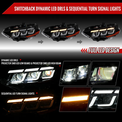 2018â€“2023 Ford Mustang Full LED Projector Headlights Switchback Sequential with Start-Up Animation (Glossy Black Housing / Clear Lens)