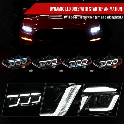 2018â€“2023 Ford Mustang Full LED Projector Headlights Switchback Sequential with Start-Up Animation (Glossy Black Housing / Clear Lens)