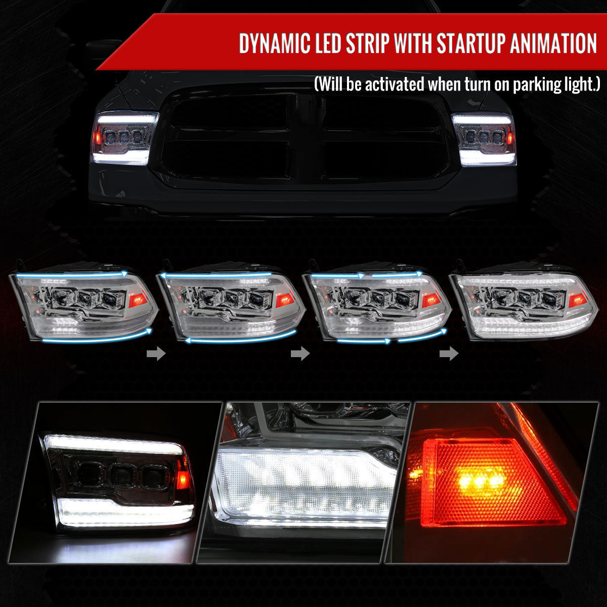 2009-2018 Dodge RAM 1500 / 2019 RAM Classic / 2010-2018 RAM 2500 3500 Switchback Sequential Full LED Projector Headlights (Chrome Housing/Clear Lens)