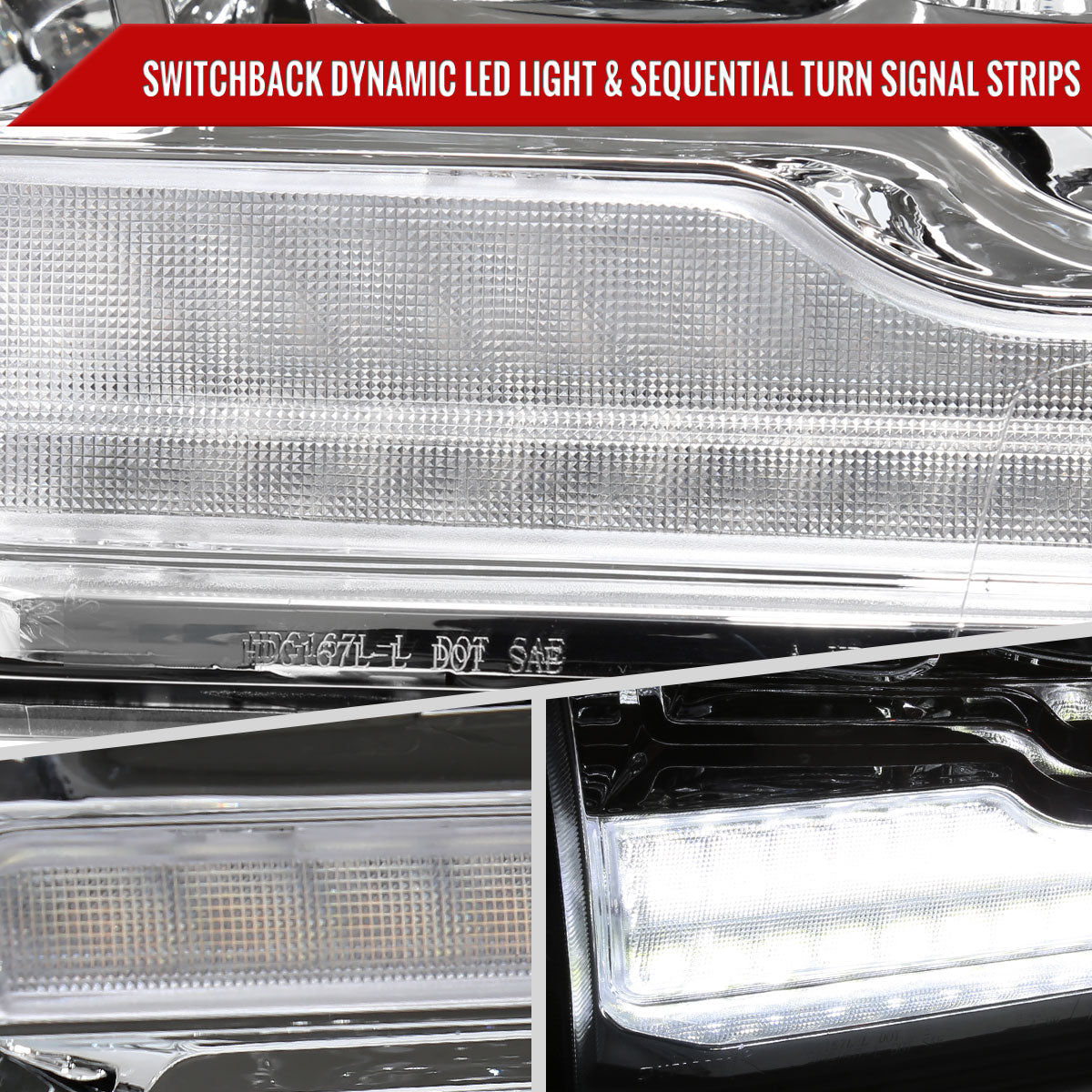2009-2018 Dodge RAM 1500 / 2019 RAM Classic / 2010-2018 RAM 2500 3500 Switchback Sequential Full LED Projector Headlights (Chrome Housing/Clear Lens)