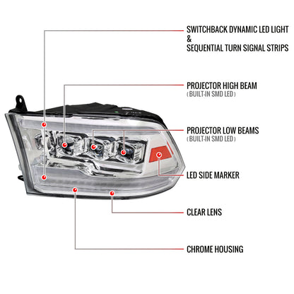 2009-2018 Dodge RAM 1500 / 2019 RAM Classic / 2010-2018 RAM 2500 3500 Switchback Sequential Full LED Projector Headlights (Chrome Housing/Clear Lens)