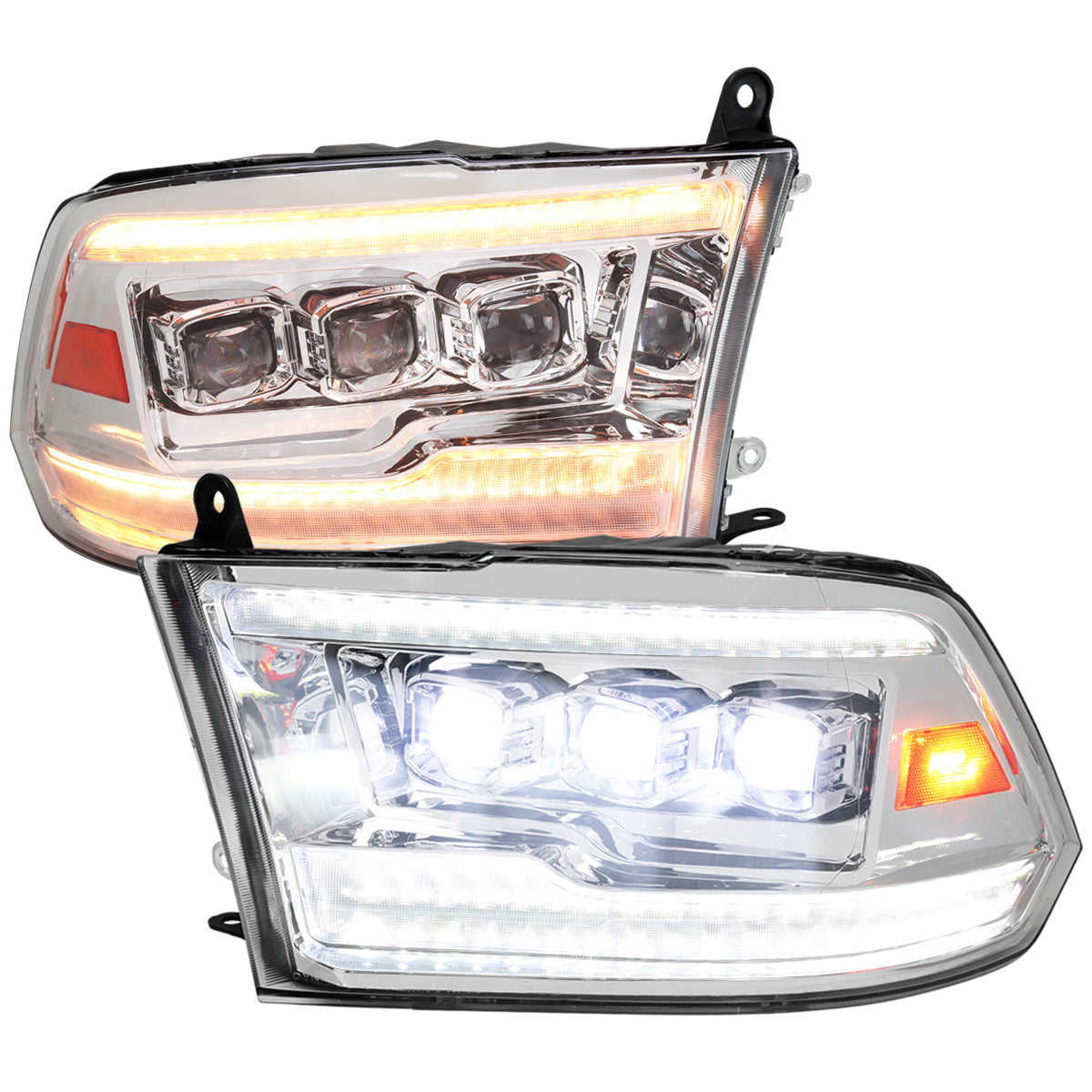 2009-2018 Dodge RAM 1500 / 2019 RAM Classic / 2010-2018 RAM 2500 3500 Switchback Sequential Full LED Projector Headlights (Chrome Housing/Clear Lens)