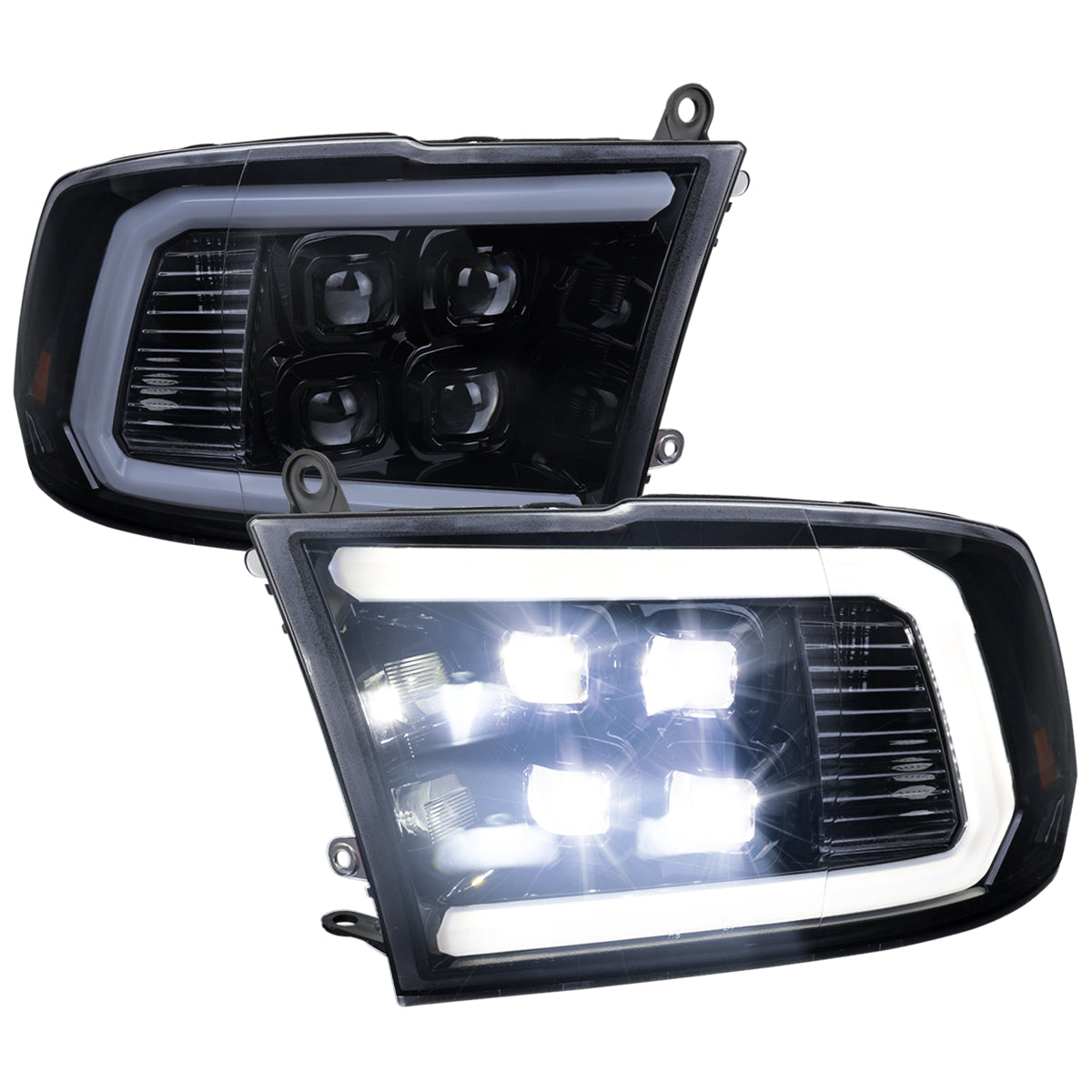 2009-2018 Dodge RAM 1500 / 2019 RAM Classic / 2010-2018 RAM 2500 3500 LED Bar Sequential Turn Signal Projector Headlights (Glossy Black Housing / Smoked Lens)
