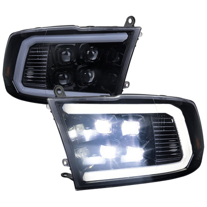 2009-2018 Dodge RAM 1500 / 2019 RAM Classic / 2010-2018 RAM 2500 3500 LED Bar Sequential Turn Signal Projector Headlights (Glossy Black Housing / Smoked Lens)
