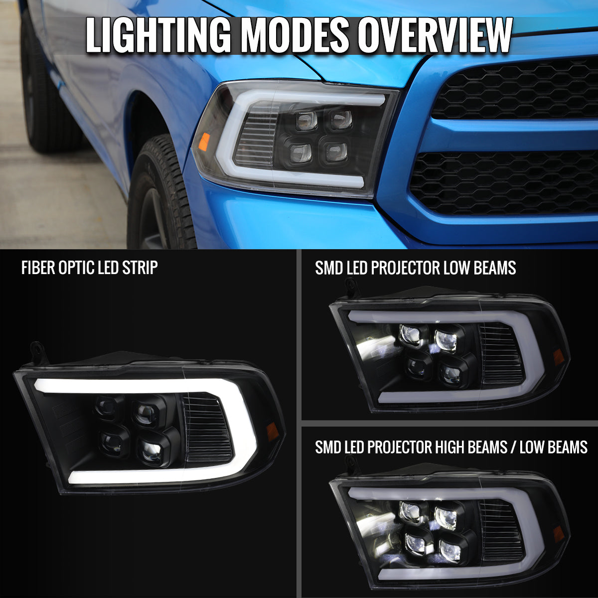 2009-2018 Dodge RAM 1500 / 2019 RAM Classic / 2010-2018 RAM 2500 3500 LED Bar Sequential Turn Signal Projector Headlights (Matte Black Housing / Clear Lens)