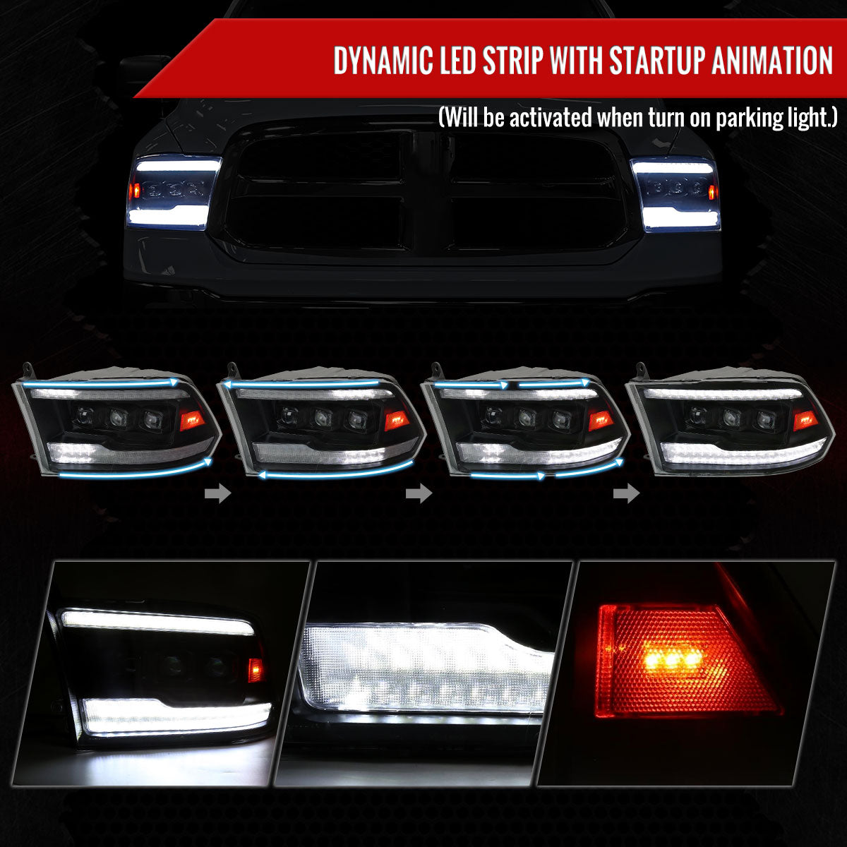 2009-2018 Dodge RAM 1500 / 2019 RAM Classic / 2010-2018 RAM 2500 3500 Switchback Sequential Full LED Projector Headlights (Matte Black Housing/Clear Lens)