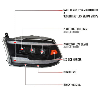 2009-2018 Dodge RAM 1500 / 2019 RAM Classic / 2010-2018 RAM 2500 3500 Switchback Sequential Full LED Projector Headlights (Matte Black Housing/Clear Lens)