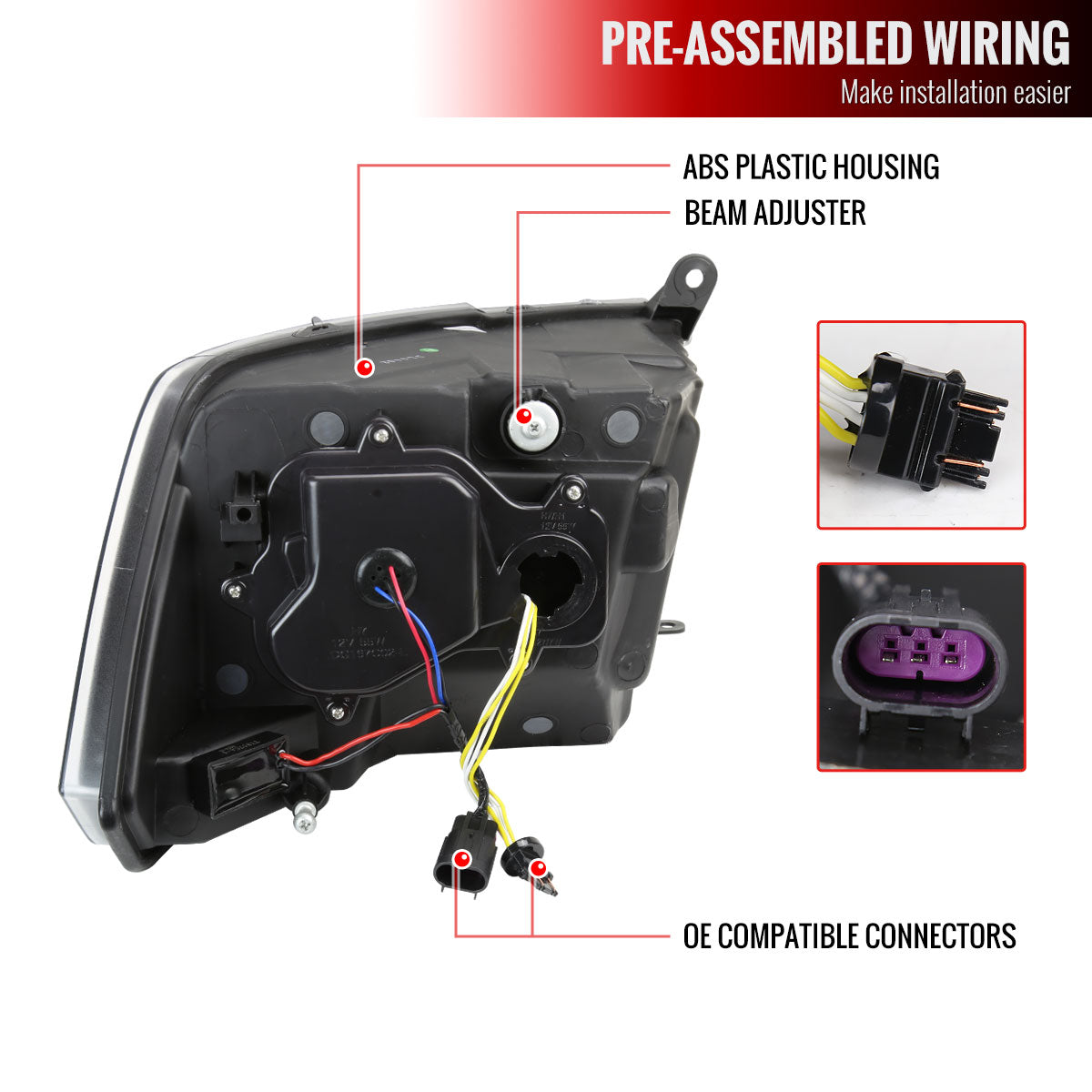 2009-2018 Dodge RAM 1500 / 2019 RAM Classic / 2010-2018 RAM 2500 3500 Switchback Sequential Full LED Projector Headlights (White Housing/Clear Lens)