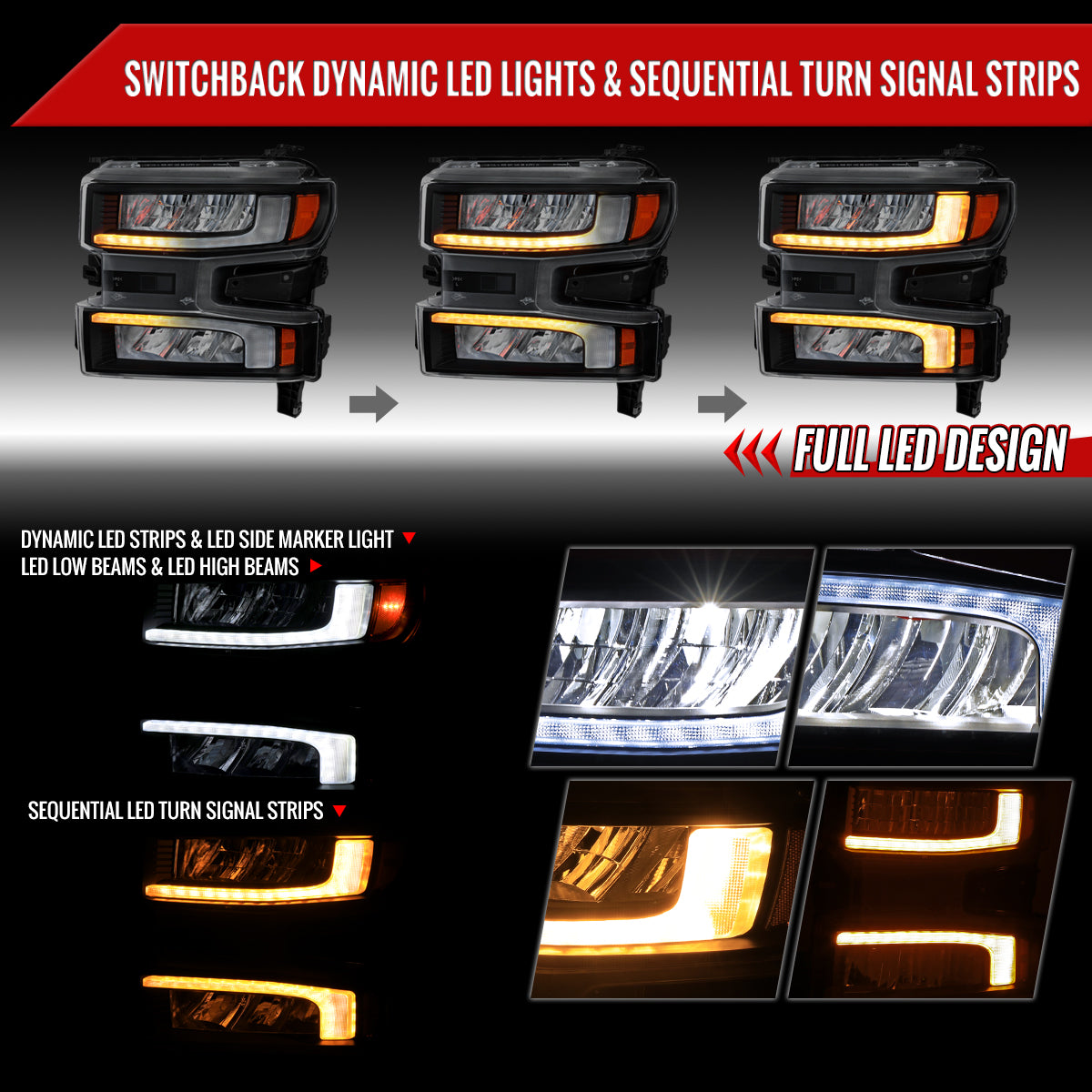 2019-2021 Chevrolet Silverado 1500 Full LED Projector Headlights with Sequential LED Turn Signal (Matte Black Housing/Clear Lens)