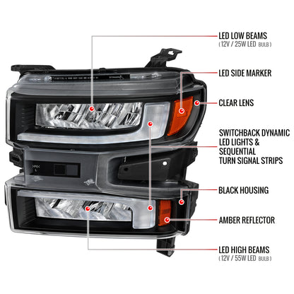 2019-2021 Chevrolet Silverado 1500 Full LED Projector Headlights with Sequential LED Turn Signal (Matte Black Housing/Clear Lens)