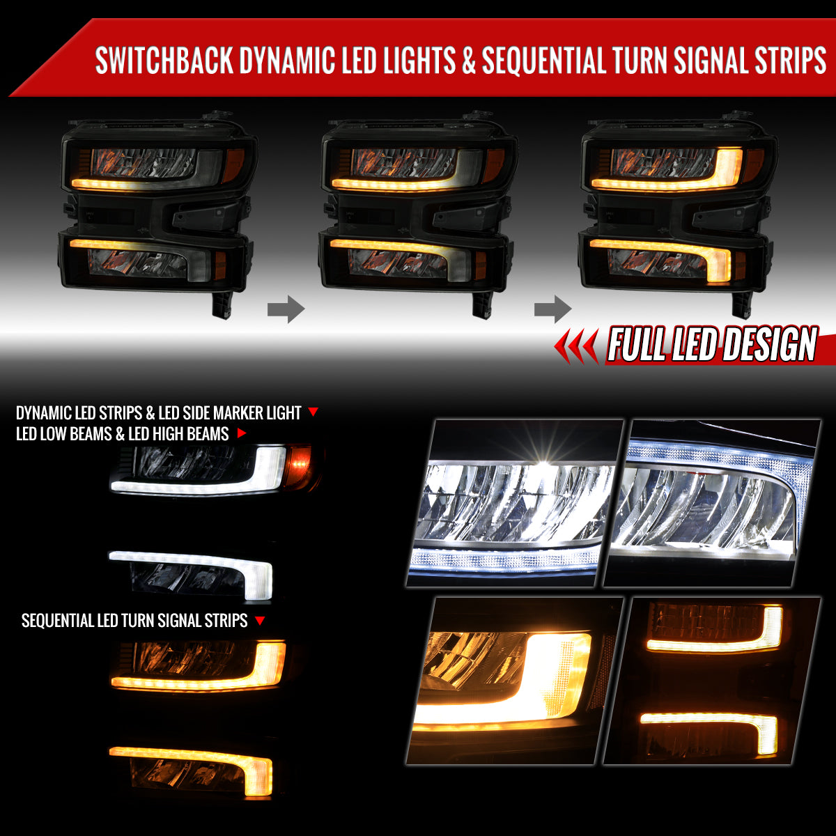 2019-2021 Chevrolet Silverado 1500 Full LED Projector Headlights with Sequential LED Turn Signal (Matte Black Housing/Smoked Lens)
