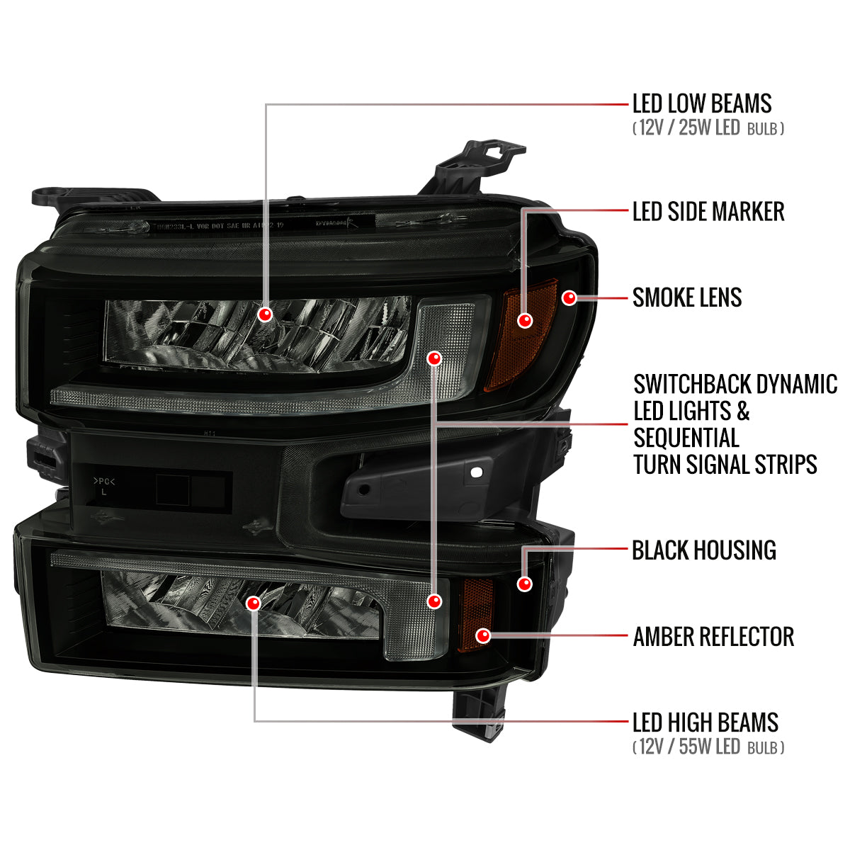 2019-2021 Chevrolet Silverado 1500 Full LED Projector Headlights with Sequential LED Turn Signal (Matte Black Housing/Smoked Lens)