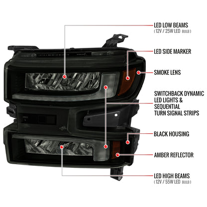 2019-2021 Chevrolet Silverado 1500 Full LED Projector Headlights with Sequential LED Turn Signal (Matte Black Housing/Smoked Lens)