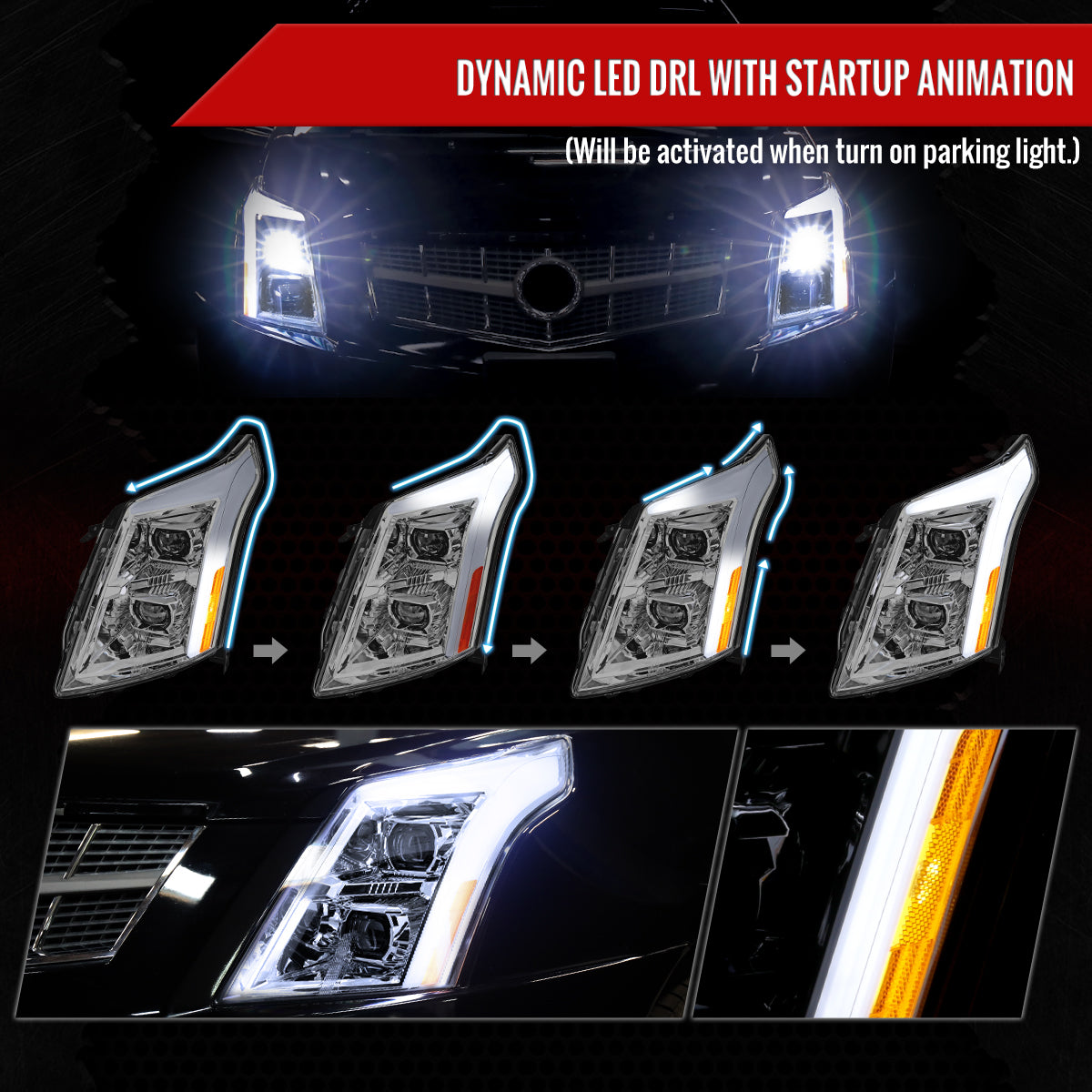 2010-2016 Cadillac SRX Full Switchback Sequential LED DRL Projector Headlights (Chrome Housing/Clear Lens)