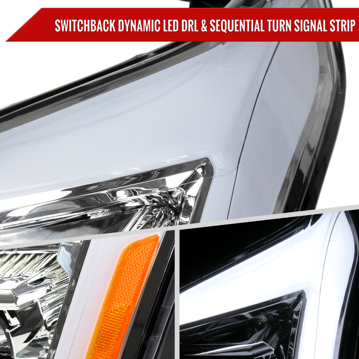 2010-2016 Cadillac SRX Full Switchback Sequential LED DRL Projector Headlights (Chrome Housing/Clear Lens)