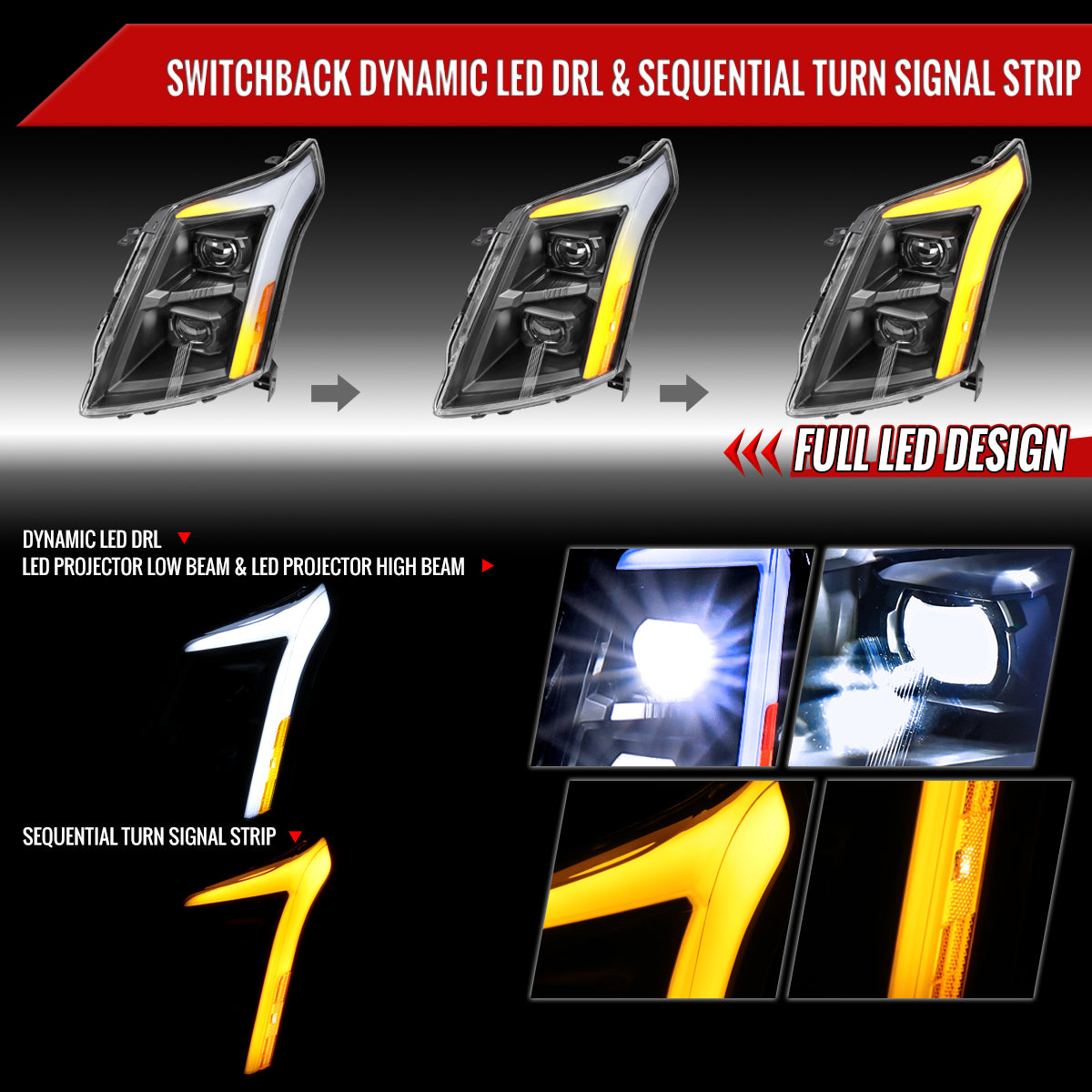 2010-2016 Cadillac SRX Full Switchback Sequential LED DRL Projector Headlights (Matte Black Housing/Clear Lens)