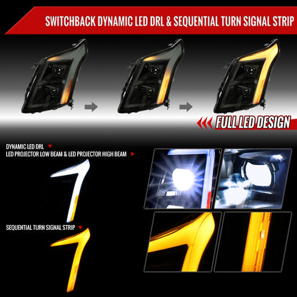 2010-2016 Cadillac SRX LED Projector Headlights w/ Switchback Sequential Turn Signal Bar (Matte Black Housing/Smoked Lens)
