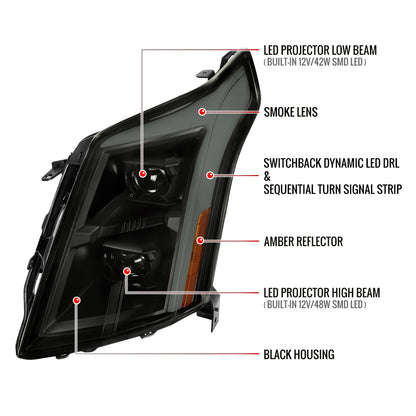 2010-2016 Cadillac SRX LED Projector Headlights w/ Switchback Sequential Turn Signal Bar (Matte Black Housing/Smoked Lens)