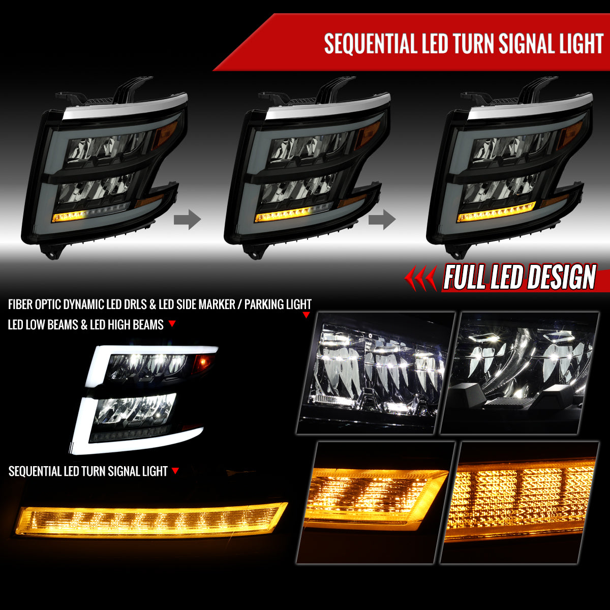 2015-2020 Chevrolet Tahoe Suburban Full LED DRL Sequential Headlights (Matte Black Housing / Smoked Lens)