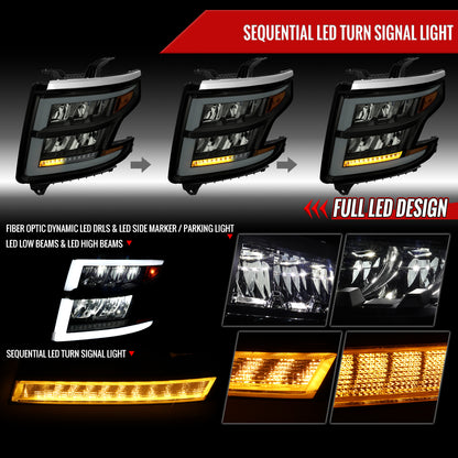 2015-2020 Chevrolet Tahoe Suburban Full LED DRL Sequential Headlights (Matte Black Housing / Smoked Lens)