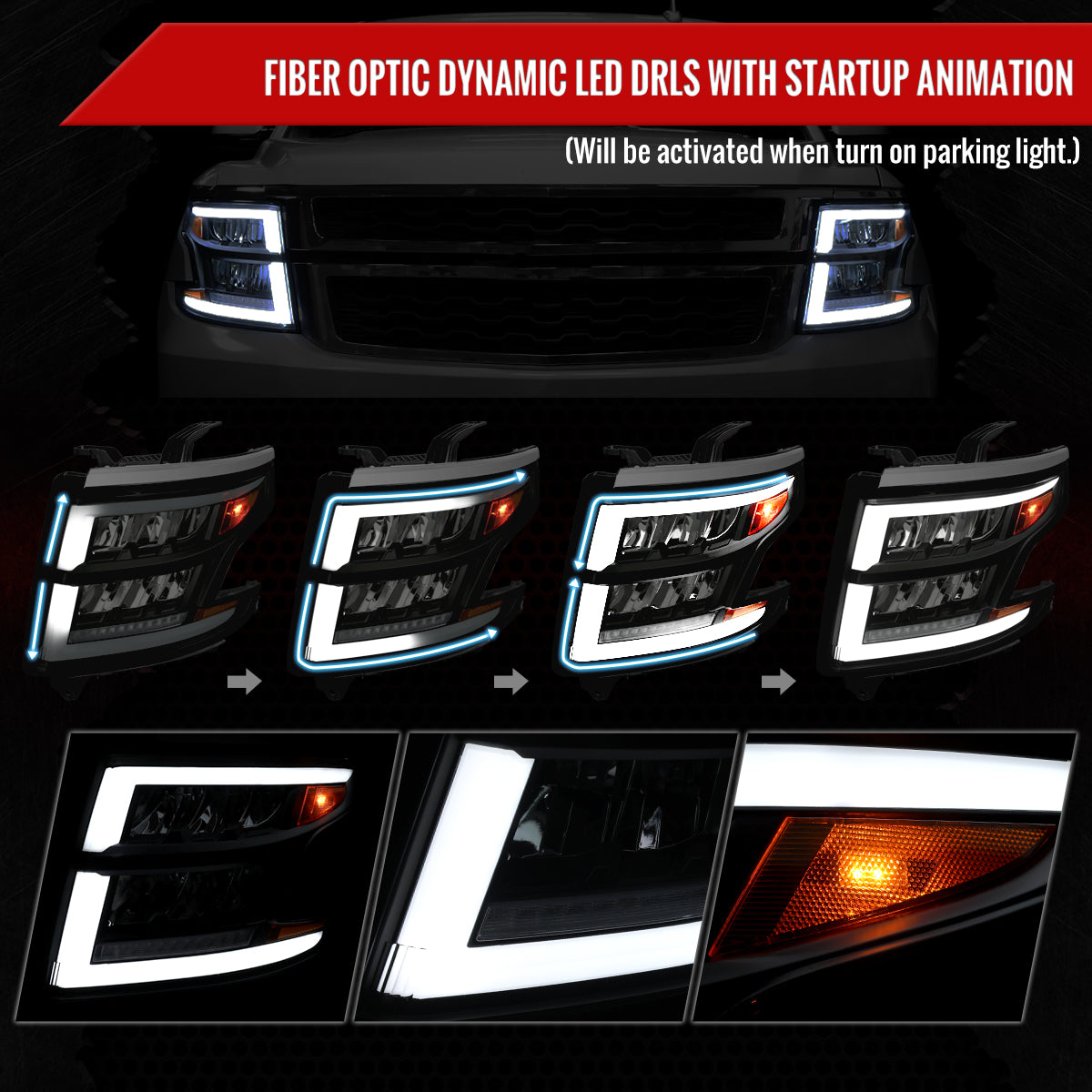 2015-2020 Chevrolet Tahoe Suburban Full LED DRL Sequential Headlights (Matte Black Housing / Smoked Lens)