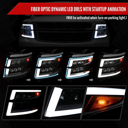 2015-2020 Chevrolet Tahoe Suburban Full LED DRL Sequential Headlights (Matte Black Housing / Smoked Lens)