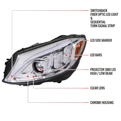 2015-2018 Mercedes-Benz C-Class W205 Full LED Projector Headlights with Sequential Turn Signal (Chrome Housing/Clear Lens)