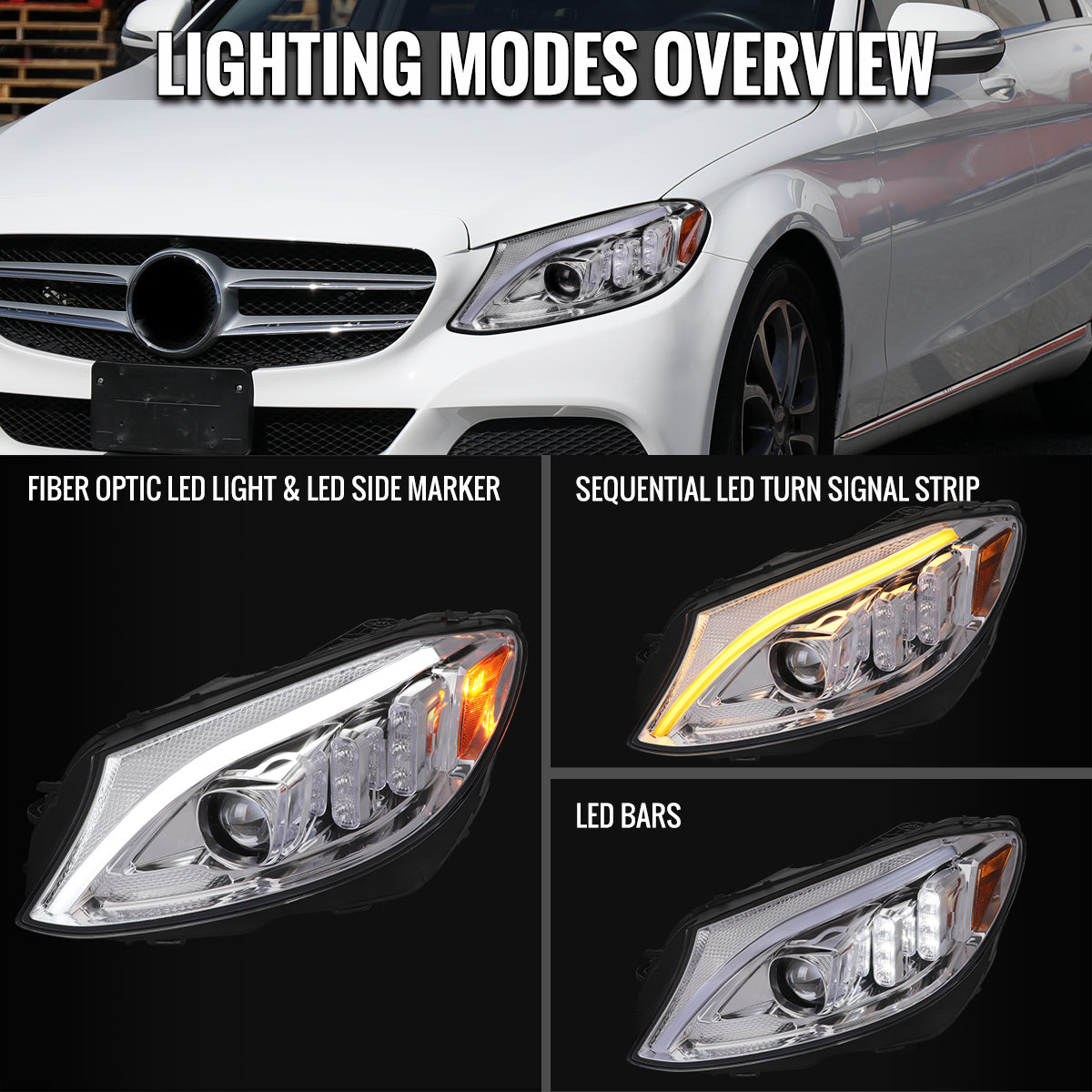2015-2018 Mercedes-Benz C-Class W205 Full LED Projector Headlights with Sequential Turn Signal (Chrome Housing/Clear Lens)