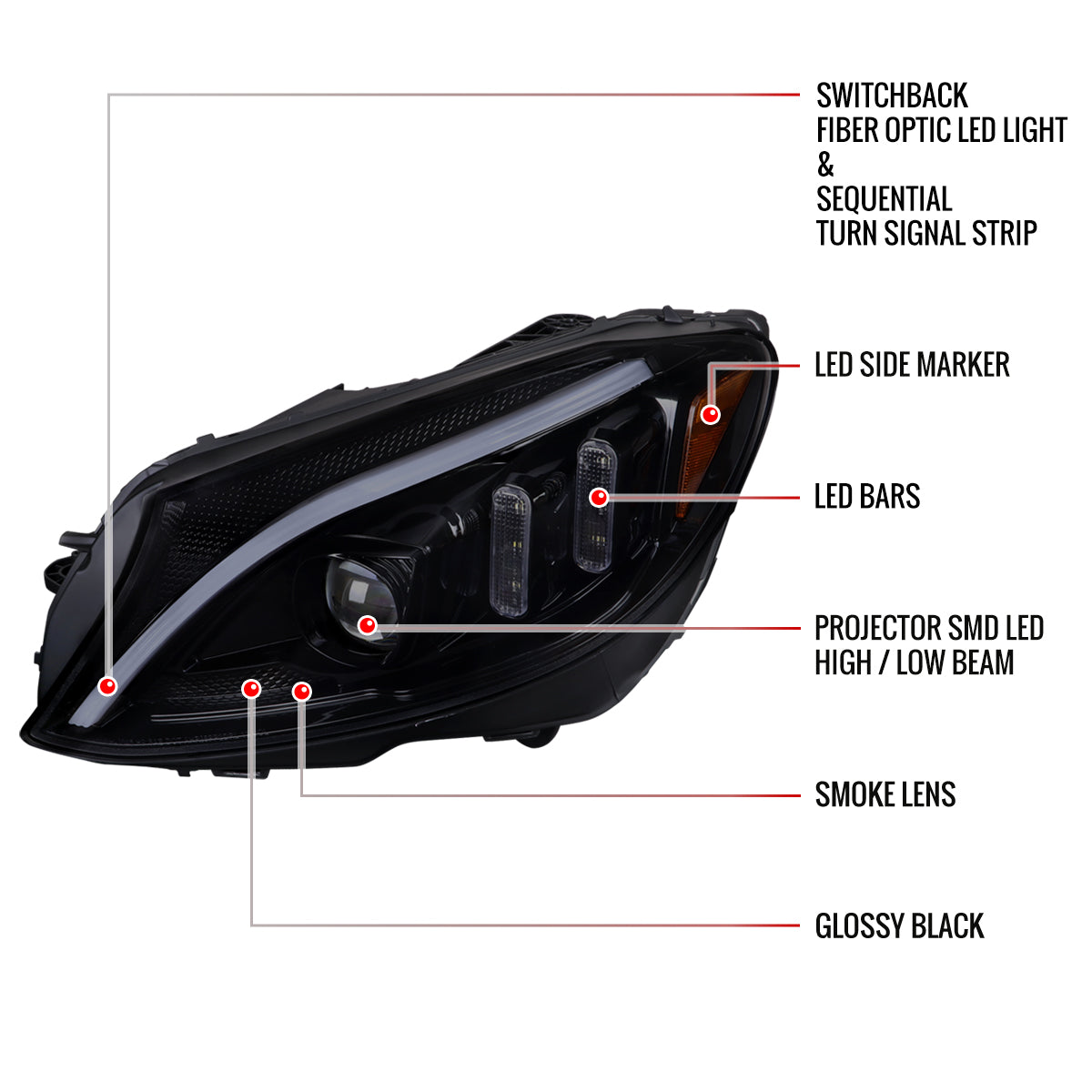 2015-2018 Mercedes-Benz C-Class W205 Full LED Projector Headlights with Sequential Turn Signal (Glossy Black Housing/Light Smoked Lens)