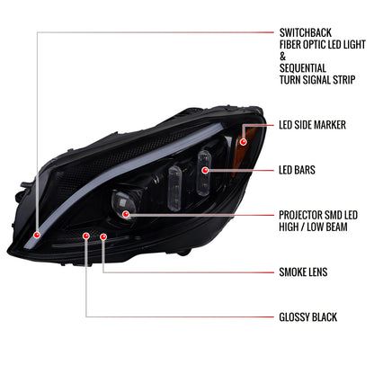 2015-2018 Mercedes-Benz C-Class W205 Full LED Projector Headlights with Sequential Turn Signal (Glossy Black Housing/Light Smoked Lens)
